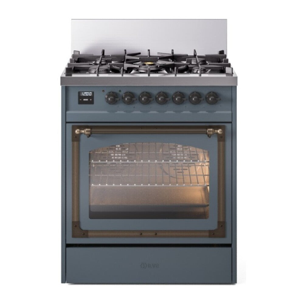 ILVE Nostalgie II Noblesse 30" Blue Grey Dual Fuel Range with 5 Burners Triple Glass Door Natural Gas