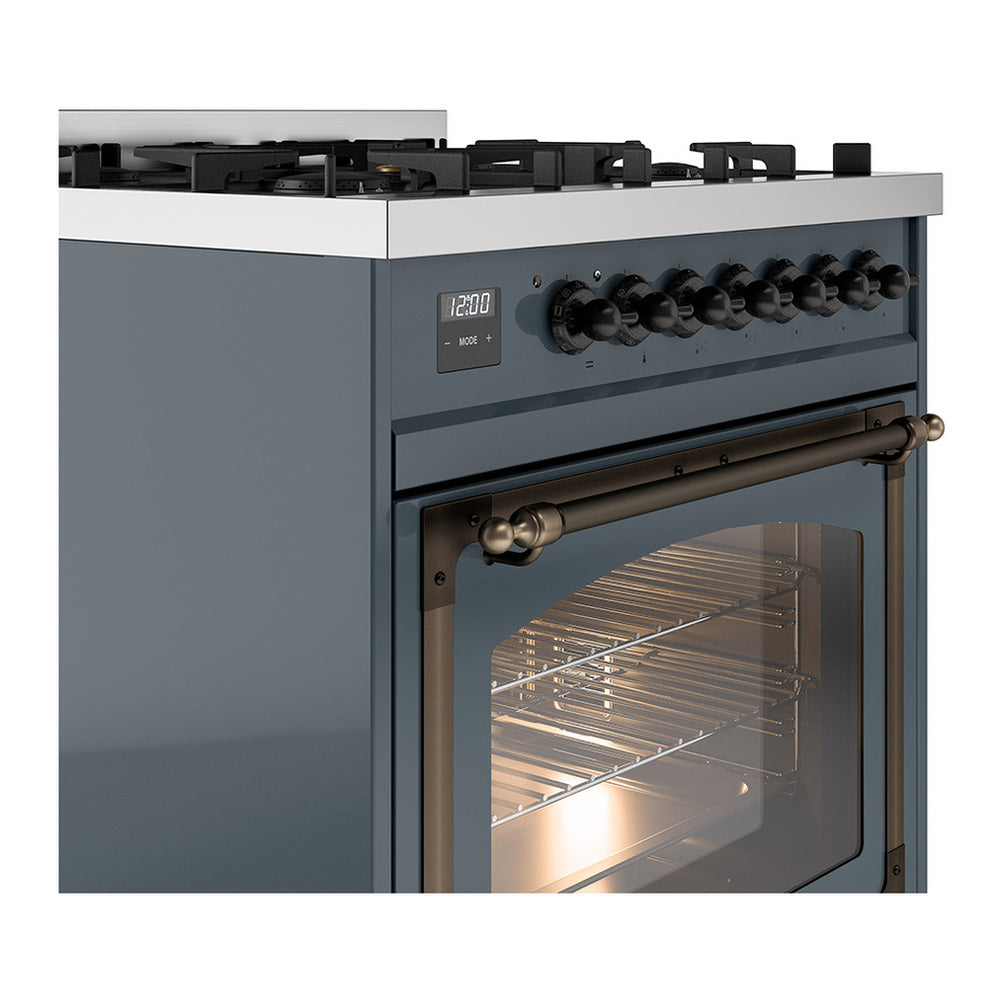 ILVE Nostalgie II Noblesse 30" Blue Grey Dual Fuel Range with 5 Burners Triple Glass Door Natural Gas