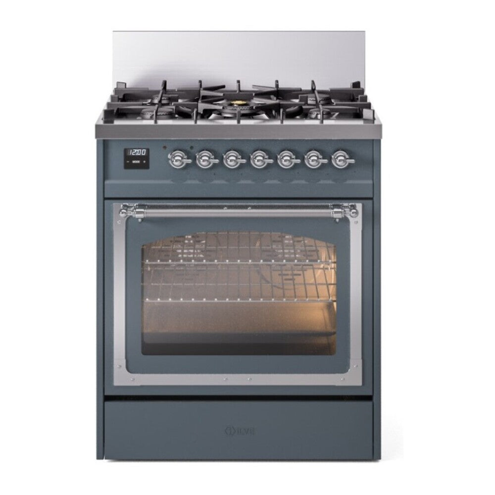 ILVE Nostalgie II Noblesse 30" Blue Grey Dual Fuel Range with 5 Burners Triple Glass Door Natural Gas