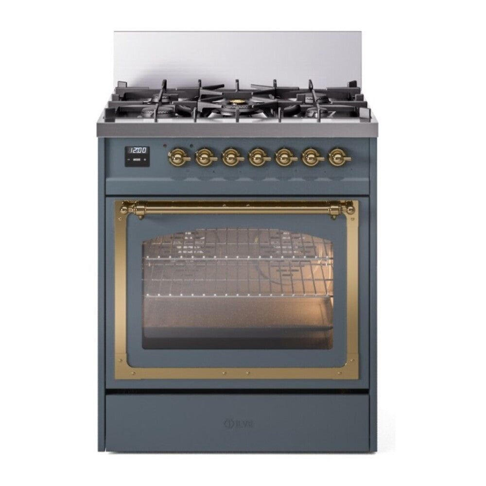 ILVE Nostalgie II Noblesse 30" Blue Grey Dual Fuel Range with 5 Burners Triple Glass Door Natural Gas