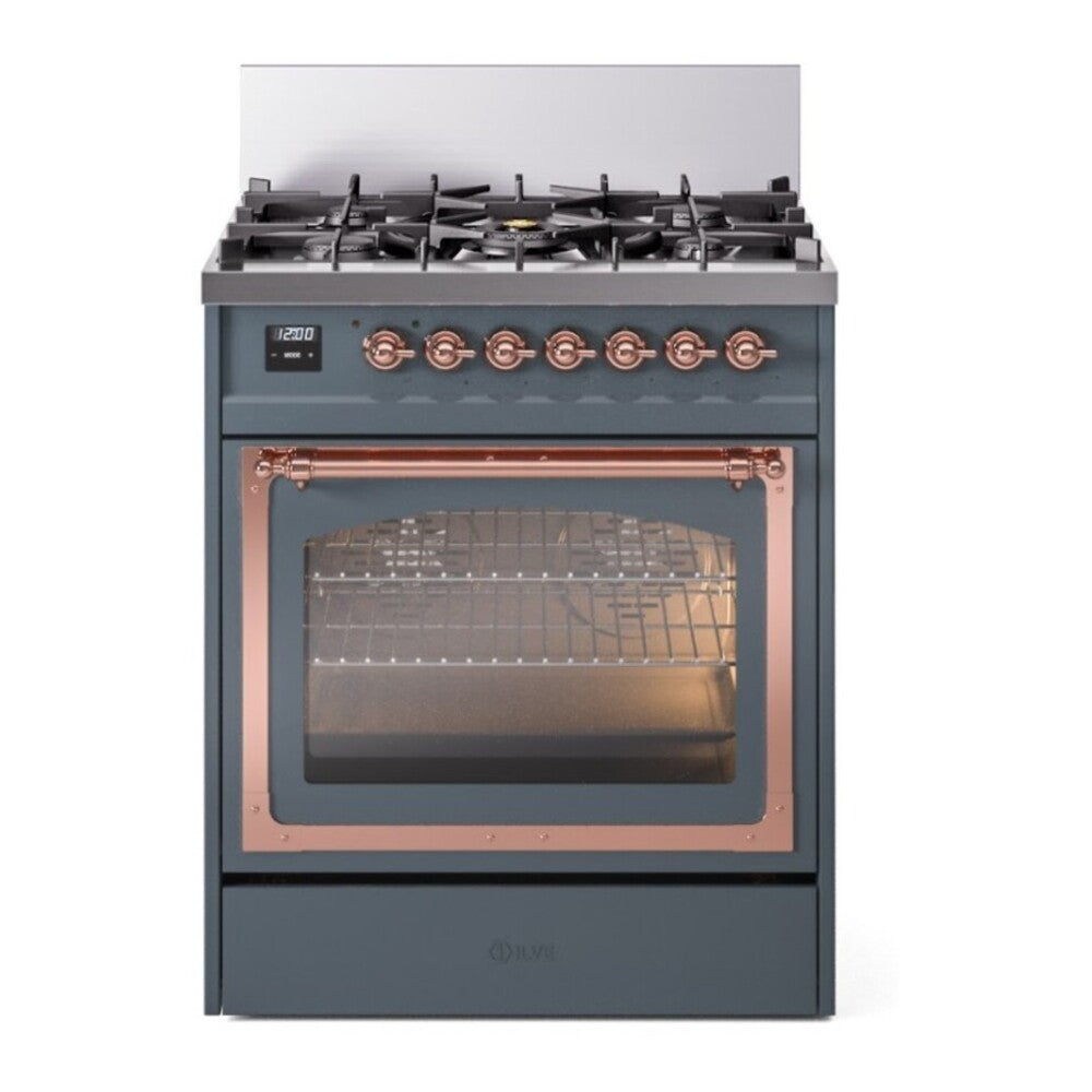 ILVE Nostalgie II Noblesse 30" Blue Grey Dual Fuel Range with 5 Burners Triple Glass Door Natural Gas