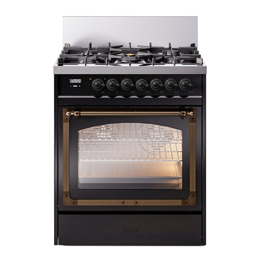 ILVE Nostalgie II Noblesse 30" Glossy Black Dual Fuel Range with 5 Burners Triple Glass Door Liquid Propane