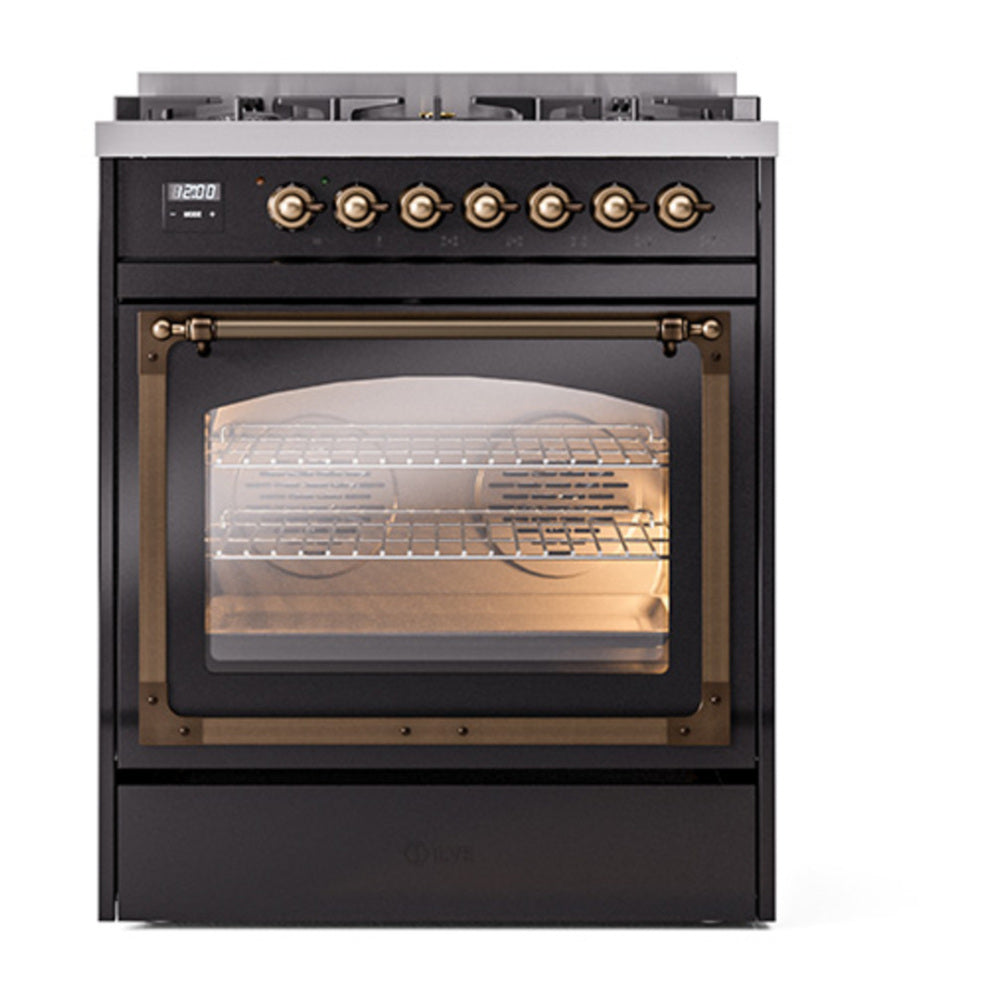 ILVE Nostalgie II Noblesse 30" Glossy Black Dual Fuel Range with 5 Burners Triple Glass Door Natural Gas