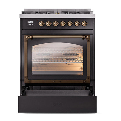 ILVE Nostalgie II Noblesse 30" Glossy Black Dual Fuel Range with 5 Burners Triple Glass Door Natural Gas