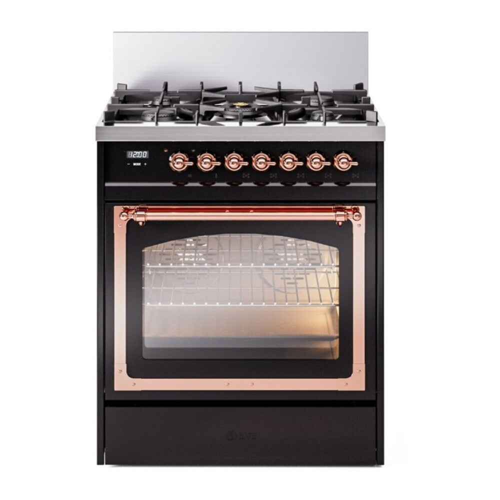 ILVE Nostalgie II Noblesse 30" Glossy Black Dual Fuel Range with 5 Burners Triple Glass Door Natural Gas