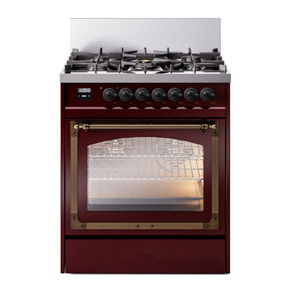 ILVE Nostalgie II Noblesse 30" Burgundy Dual Fuel Range with 5 Burners Triple Glass Door Natural Gas