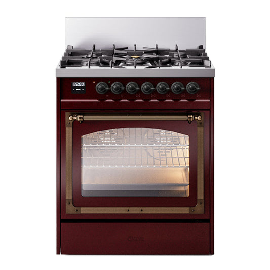 ILVE Nostalgie II Noblesse 30" Burgundy Dual Fuel Range with 5 Burners Triple Glass Door Natural Gas