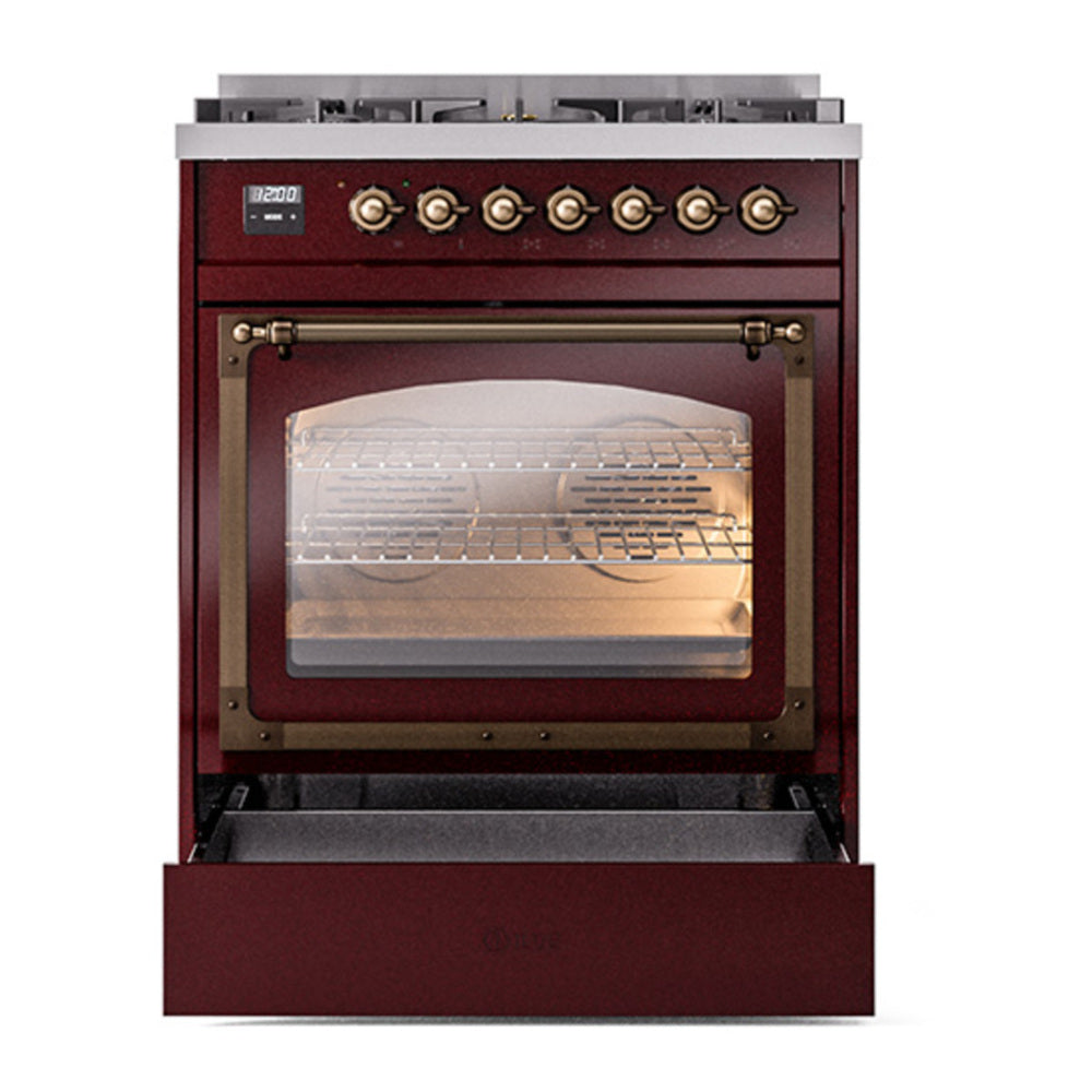 ILVE Nostalgie II Noblesse 30" Burgundy Dual Fuel Range with 5 Burners Triple Glass Door Natural Gas