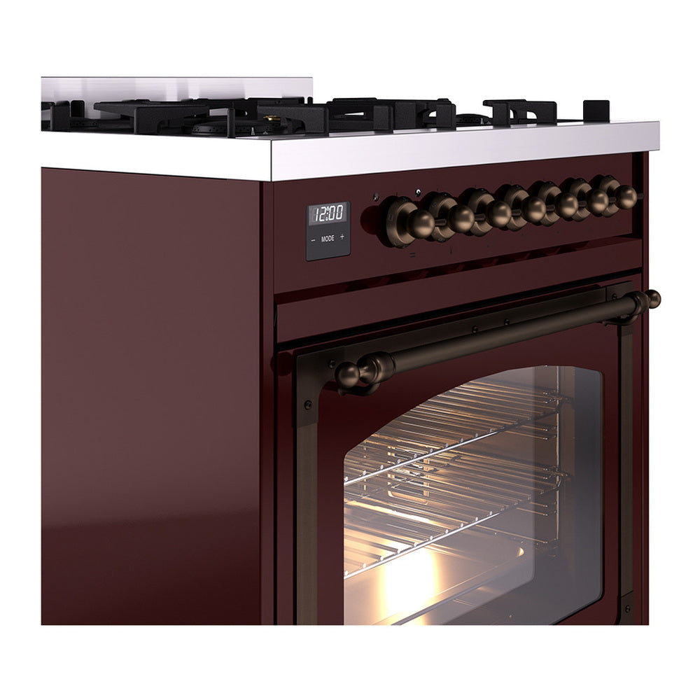 ILVE Nostalgie II Noblesse 30" Burgundy Dual Fuel Range with 5 Burners Triple Glass Door Natural Gas