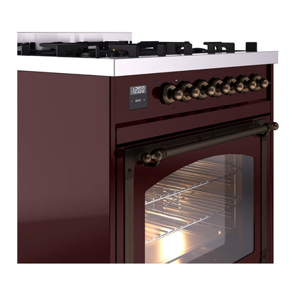 ILVE Nostalgie II Noblesse 30" Burgundy Dual Fuel Range with 5 Burners Triple Glass Door Natural Gas