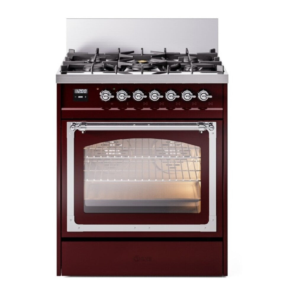 ILVE Nostalgie II Noblesse 30" Burgundy Dual Fuel Range with 5 Burners Triple Glass Door Natural Gas