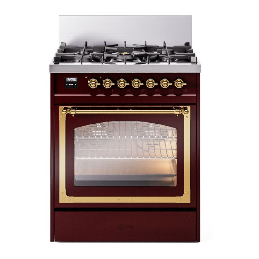 ILVE Nostalgie II Noblesse 30" Burgundy Dual Fuel Range with 5 Burners Triple Glass Door Natural Gas