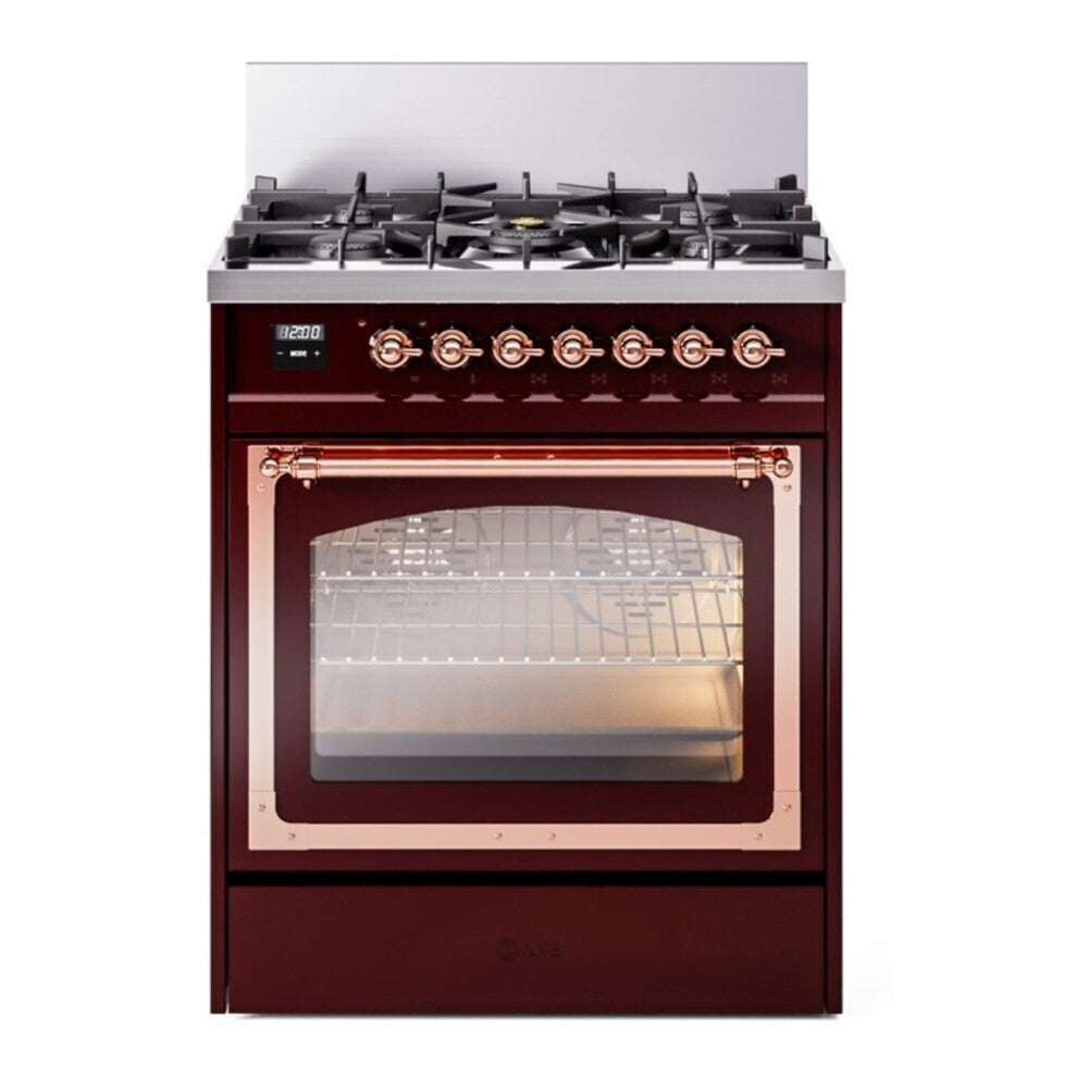 ILVE Nostalgie II Noblesse 30" Burgundy Dual Fuel Range with 5 Burners Triple Glass Door Natural Gas