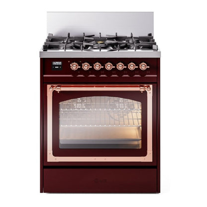 ILVE Nostalgie II Noblesse 30" Burgundy Dual Fuel Range with 5 Burners Triple Glass Door Natural Gas
