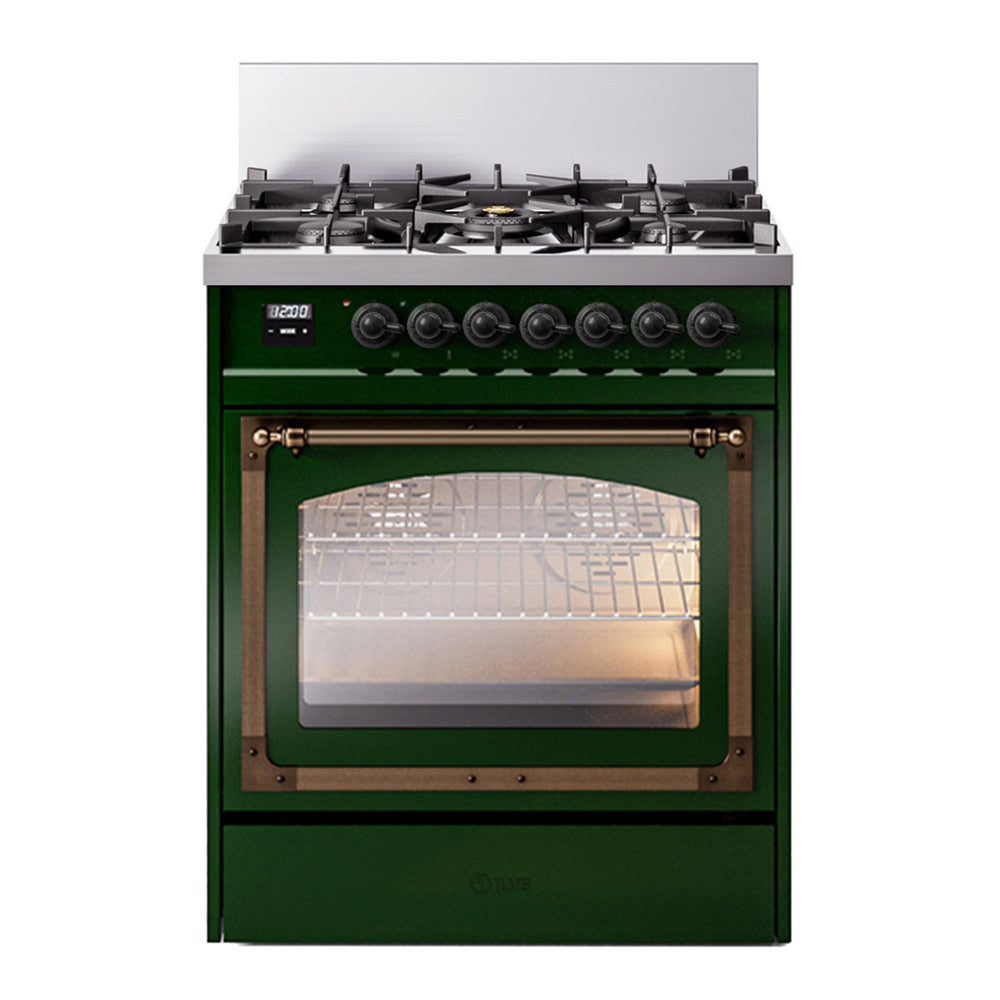 ILVE Nostalgie II Noblesse 30" Emerald Green Dual Fuel Range with 5 Burners Triple Glass Door Natural Gas