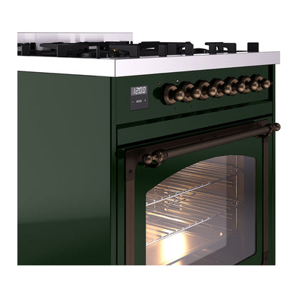 ILVE Nostalgie II Noblesse 30" Emerald Green Dual Fuel Range with 5 Burners Triple Glass Door Natural Gas