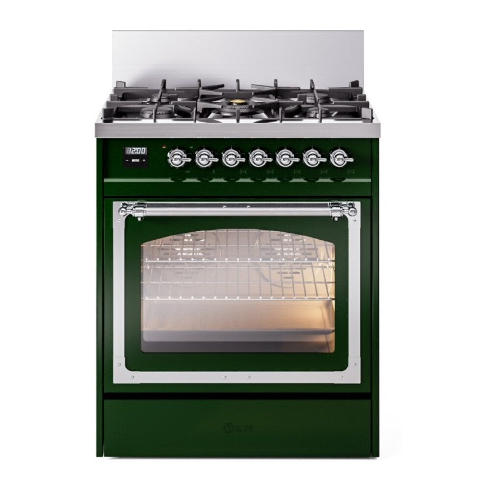 ILVE Nostalgie II Noblesse 30" Emerald Green Dual Fuel Range with 5 Burners Triple Glass Door Natural Gas