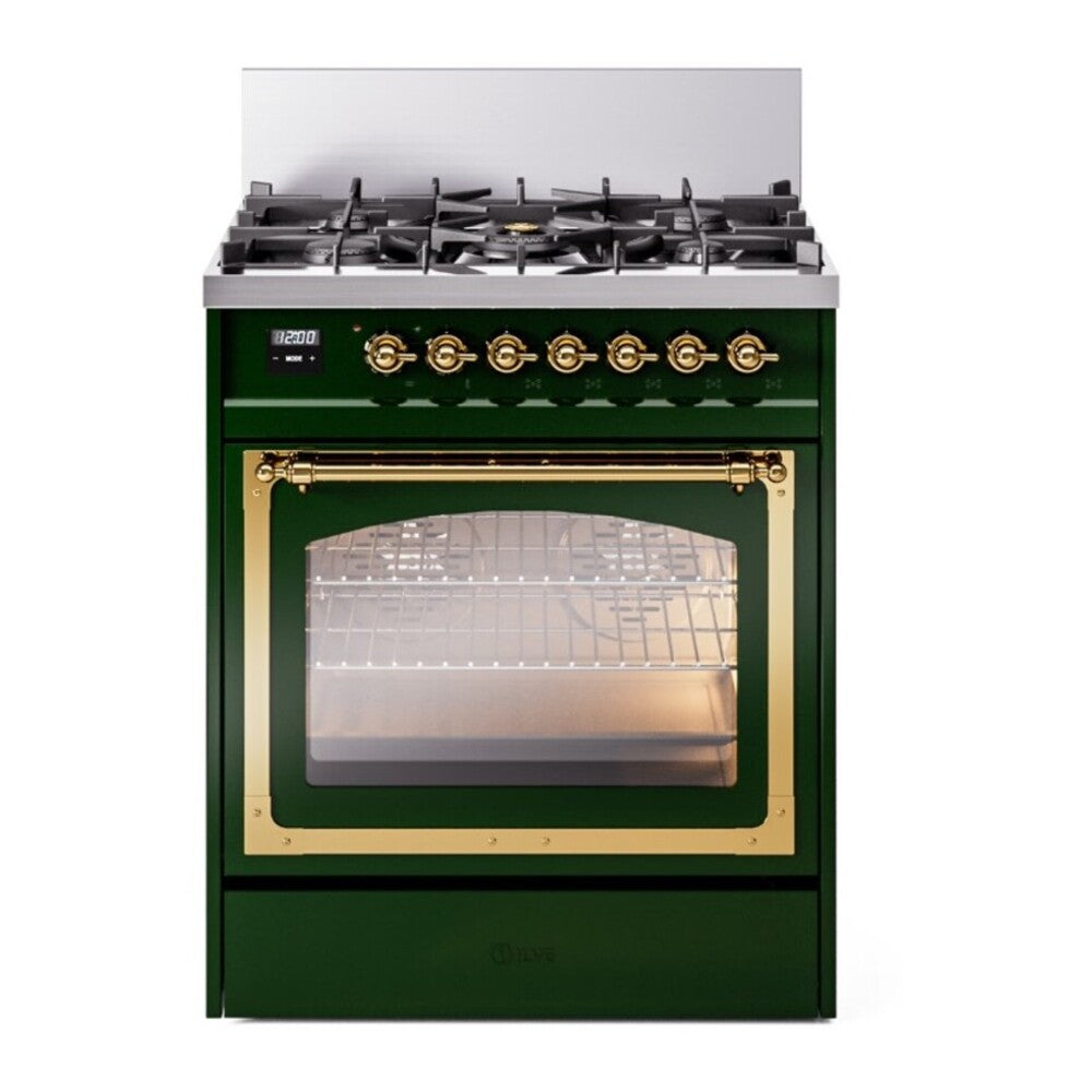 ILVE Nostalgie II Noblesse 30" Emerald Green Dual Fuel Range with 5 Burners Triple Glass Door Natural Gas