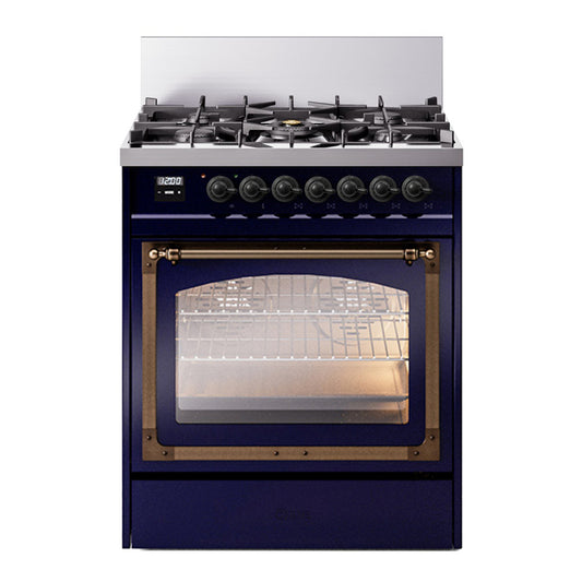 ILVE Nostalgie II Noblesse 30" Midnight Blue Dual Fuel Range with 5 Burners Triple Glass Door Natural Gas