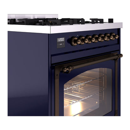 ILVE Nostalgie II Noblesse 30" Midnight Blue Dual Fuel Range with 5 Burners Triple Glass Door Natural Gas