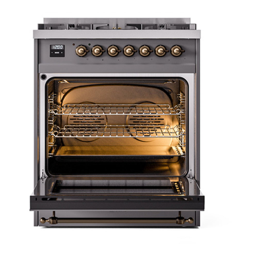 ILVE Nostalgie II Noblesse 30" Graphite Matte Dual Fuel Range with 5 Burners Triple Glass Door Natural Gas