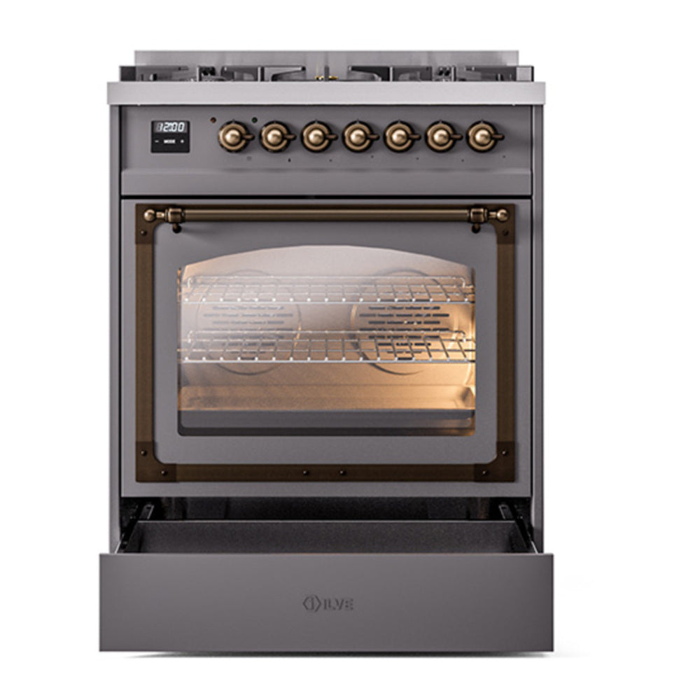 ILVE Nostalgie II Noblesse 30" Graphite Matte Dual Fuel Range with 5 Burners Triple Glass Door Natural Gas