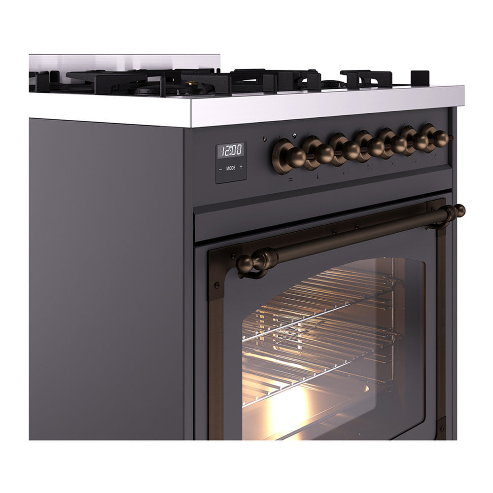 ILVE Nostalgie II Noblesse 30" Graphite Matte Dual Fuel Range with 5 Burners Triple Glass Door Natural Gas