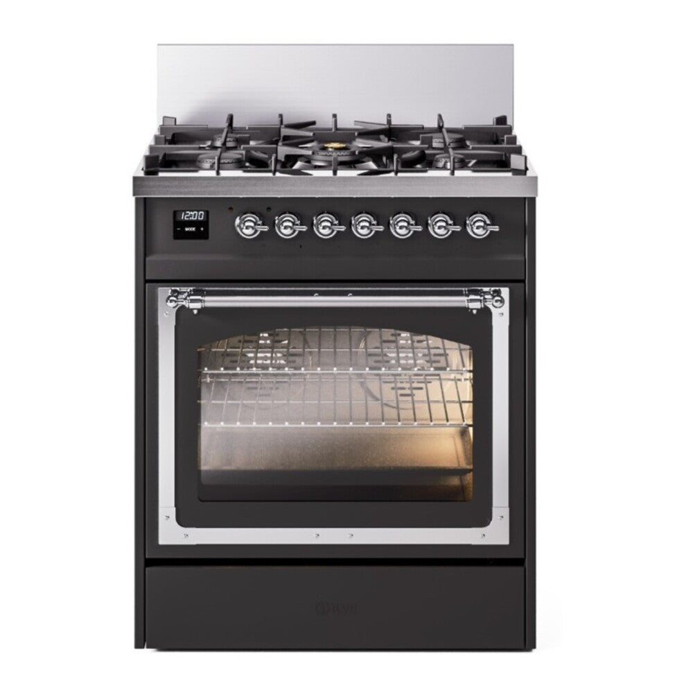 ILVE Nostalgie II Noblesse 30" Graphite Matte Dual Fuel Range with 5 Burners Triple Glass Door Natural Gas