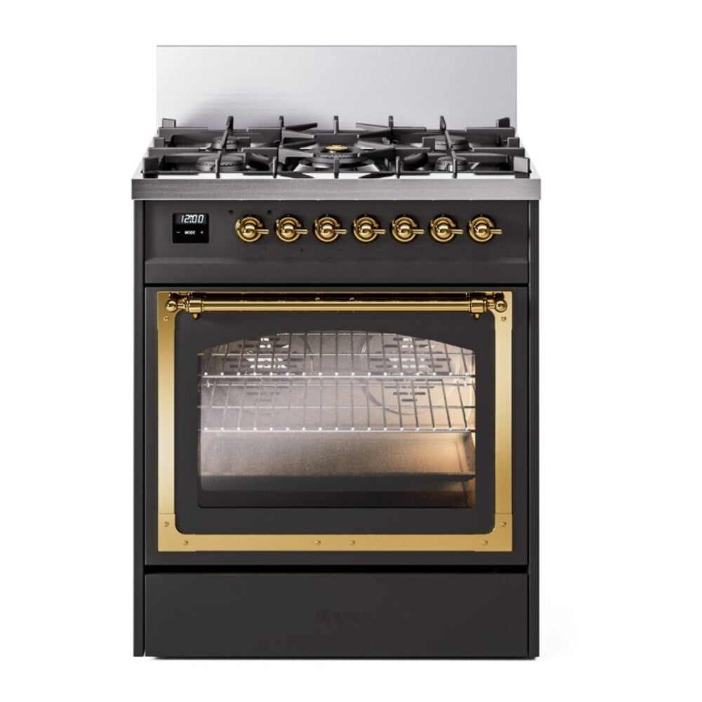 ILVE Nostalgie II Noblesse 30" Graphite Matte Dual Fuel Range with 5 Burners Triple Glass Door Natural Gas
