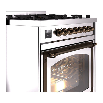 ILVE Nostalgie II Noblesse 30" Stainless Steel Dual Fuel Range with 5 Burners Triple Glass Door Natural Gas