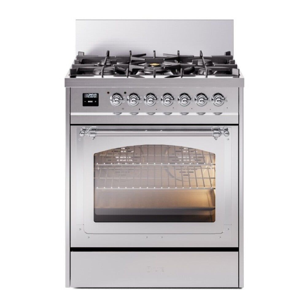 ILVE Nostalgie II Noblesse 30" Stainless Steel Dual Fuel Range with 5 Burners Triple Glass Door Natural Gas