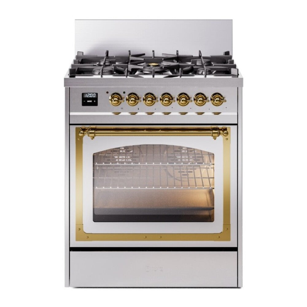 ILVE Nostalgie II Noblesse 30" Stainless Steel Dual Fuel Range with 5 Burners Triple Glass Door Natural Gas