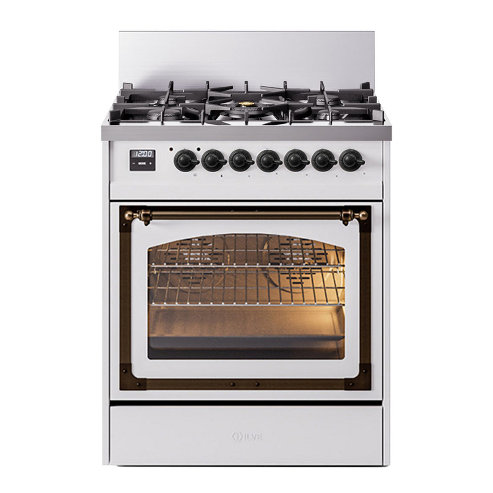 ILVE Nostalgie II Noblesse 30" White Dual Fuel Range with 5 Burners Triple Glass Door Natural Gas