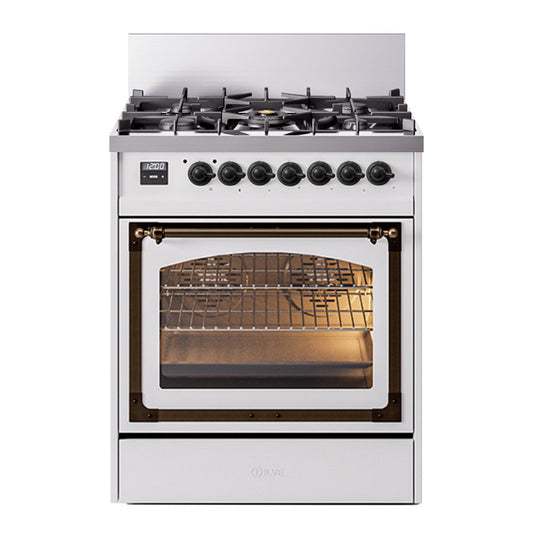 ILVE Nostalgie II Noblesse 30" White Dual Fuel Range with 5 Burners Triple Glass Door Natural Gas