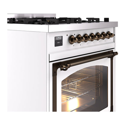 ILVE Nostalgie II Noblesse 30" White Dual Fuel Range with 5 Burners Triple Glass Door Natural Gas