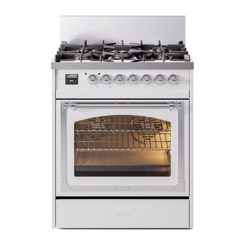 ILVE Nostalgie II Noblesse 30" White Dual Fuel Range with 5 Burners Triple Glass Door Natural Gas