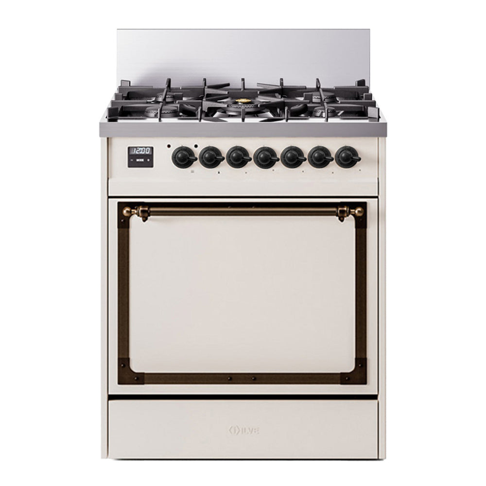 ILVE Nostalgie II Noblesse 30" Antique White Dual Fuel Range with 5 Burners Solid Door Natural Gas