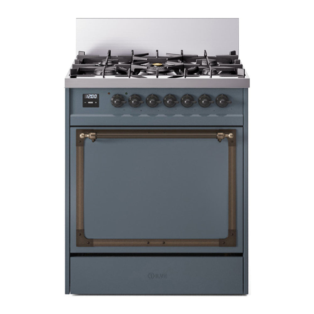 ILVE Nostalgie II Noblesse 30" Blue Grey Dual Fuel Range with 5 Burners Solid Door Liquid Propane