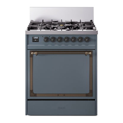 ILVE Nostalgie II Noblesse 30" Blue Grey Dual Fuel Range with 5 Burners Solid Door Liquid Propane