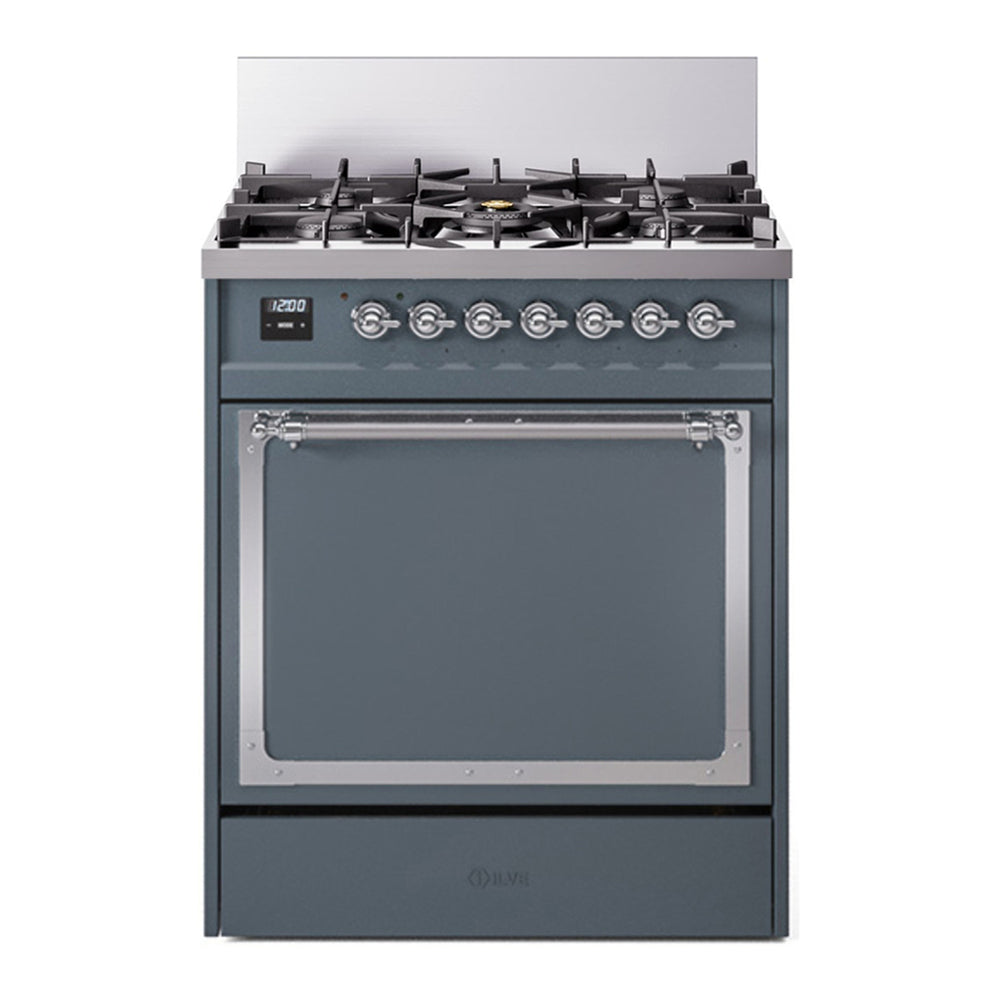 ILVE Nostalgie II Noblesse 30" Blue Grey Dual Fuel Range with 5 Burners Solid Door Liquid Propane