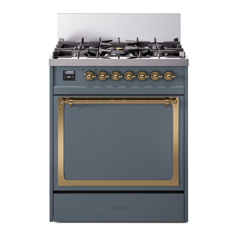 ILVE Nostalgie II Noblesse 30" Blue Grey Dual Fuel Range with 5 Burners Solid Door Liquid Propane