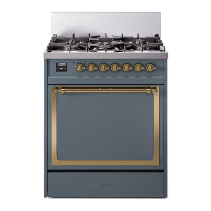 ILVE Nostalgie II Noblesse 30" Blue Grey Dual Fuel Range with 5 Burners Solid Door Natural Gas