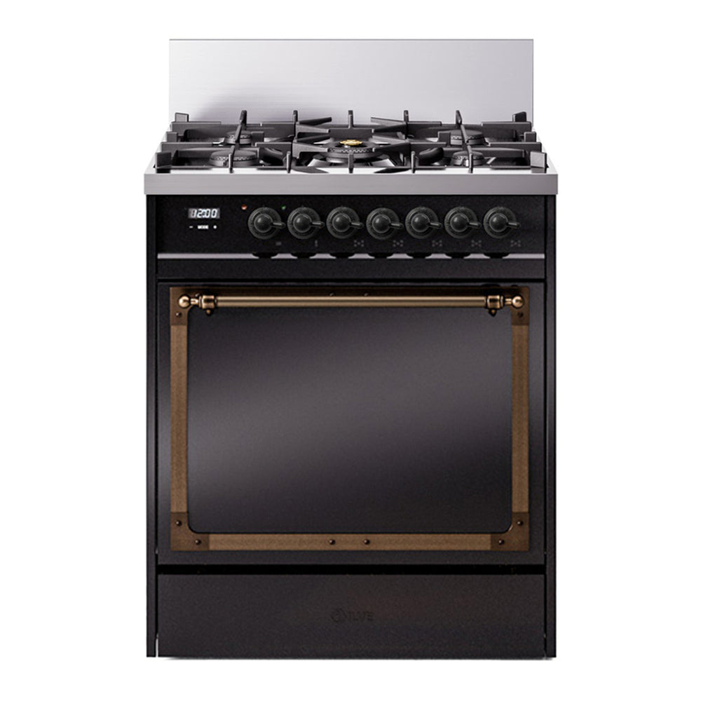 ILVE Nostalgie II Noblesse 30" Glossy Black Dual Fuel Range with 5 Burners Solid Door Natural Gas