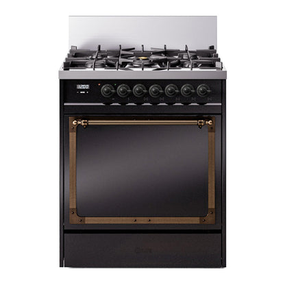 ILVE Nostalgie II Noblesse 30" Glossy Black Dual Fuel Range with 5 Burners Solid Door Natural Gas