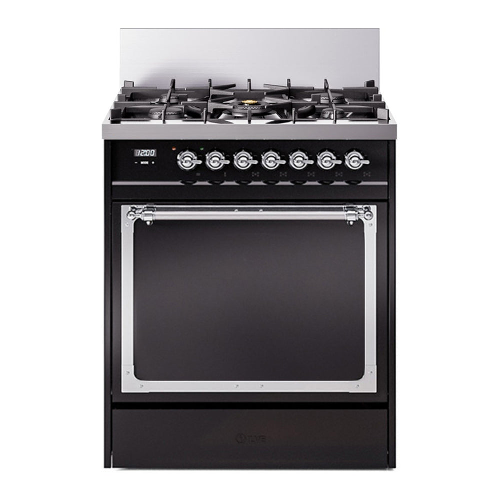 ILVE Nostalgie II Noblesse 30" Glossy Black Dual Fuel Range with 5 Burners Solid Door Natural Gas