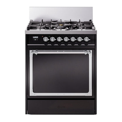 ILVE Nostalgie II Noblesse 30" Glossy Black Dual Fuel Range with 5 Burners Solid Door Natural Gas
