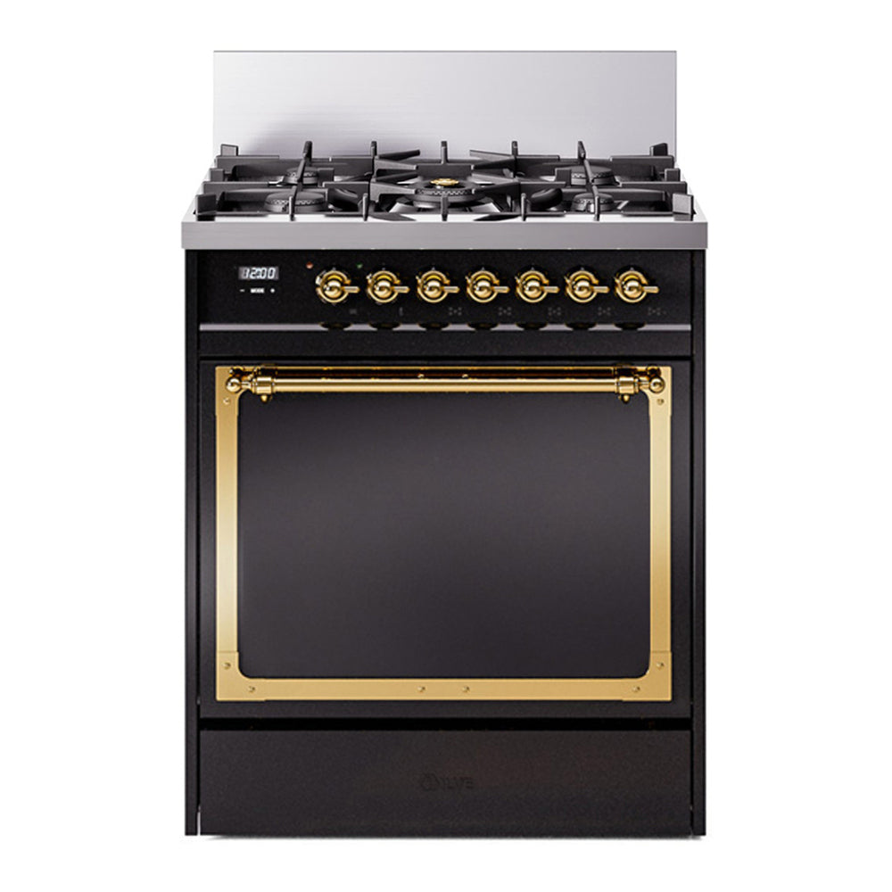 ILVE Nostalgie II Noblesse 30" Glossy Black Dual Fuel Range with 5 Burners Solid Door Natural Gas