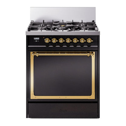 ILVE Nostalgie II Noblesse 30" Glossy Black Dual Fuel Range with 5 Burners Solid Door Natural Gas
