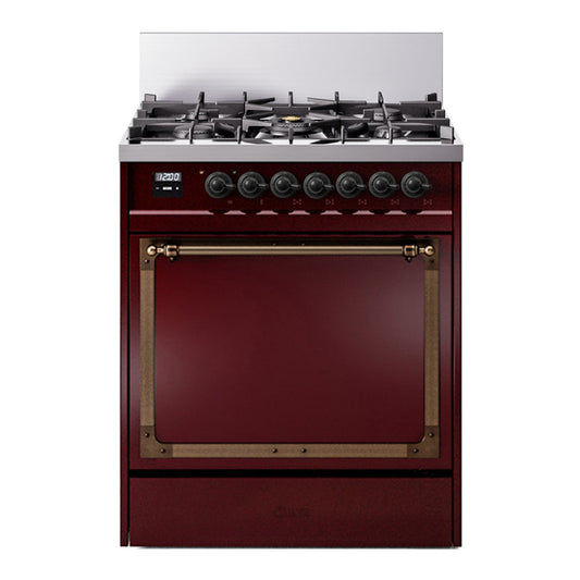 ILVE Nostalgie II Noblesse 30" Burgundy Dual Fuel Range with 5 Burners Solid Door Liquid Propane