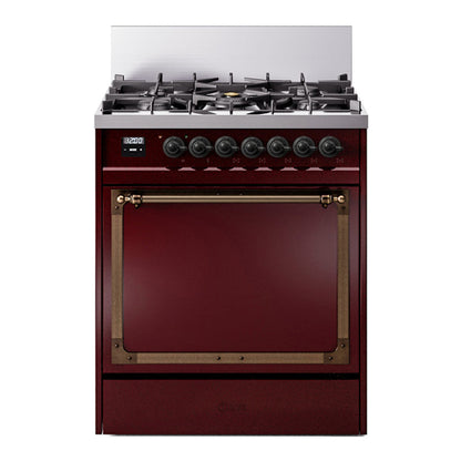 ILVE Nostalgie II Noblesse 30" Burgundy Dual Fuel Range with 5 Burners Solid Door Natural Gas